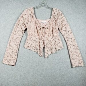 Willow & Root Womens Small Pink Lace Peplum Top Long Sleeve Tie Front Coquette